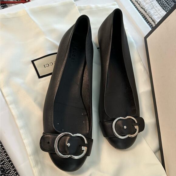 GUCCI shoes Womens Size 8.5 black leather ballet flats 38.5 with box EUC - Picture 1 of 16